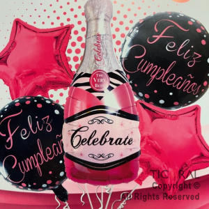 SET DE GLOBOS METALIZADO BOTELLA FELIZ CUMPLE CELEBRATE FUCSIA 5 UNIDADES X 1